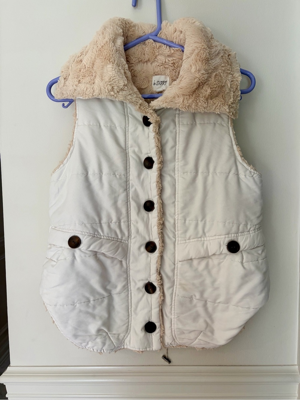 B-Sharp Reversible Sherpa Puffer Vest Cream White Teddy Fleece Button Front